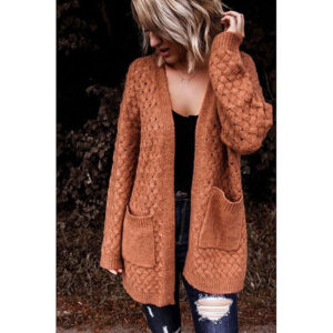 front side of a long-sleeved pumpkin colored cardigan with pockets